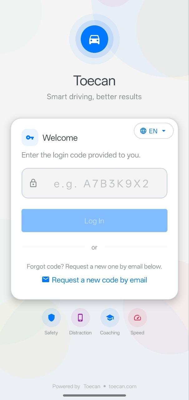 The Toecan login screen with the code input field