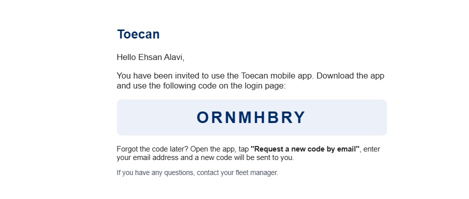 Example of the welcome email containing the login code